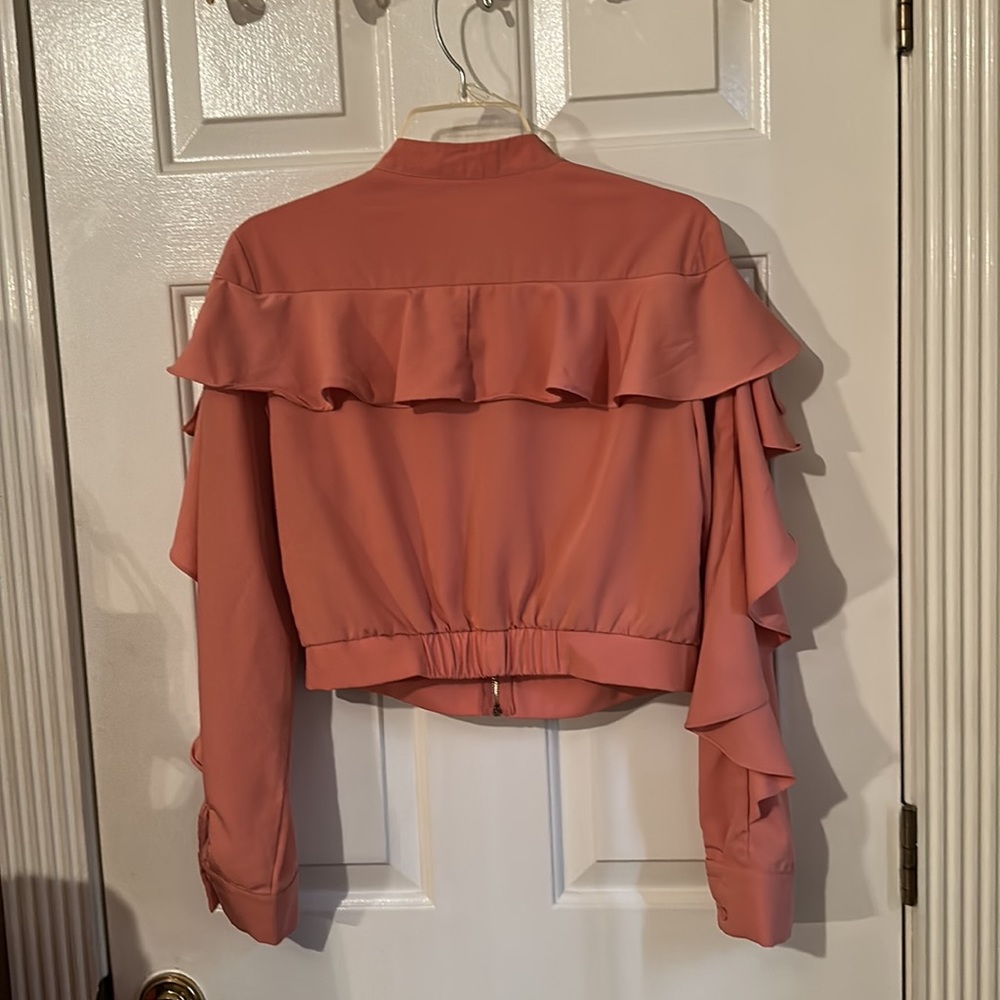 Cute Small Coral Crop jacket with ruffles on jacket and sleeves - Picture 2 of 2